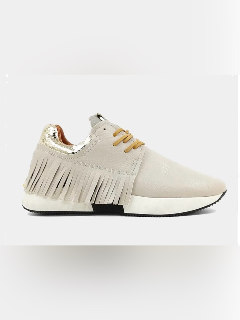 ShuShop Pepa Fringe Sneakers Gold Snakeskin Heel Bone Tan Western Shoes